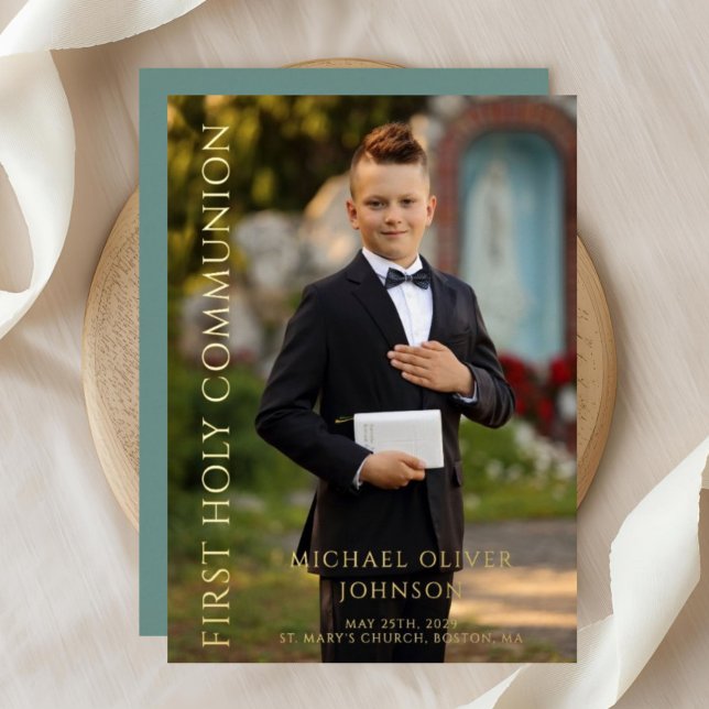 Modern Green Photo Boy First Communion Gold (Modern Green Photo Boy First Communion Gold Foil Invitation)