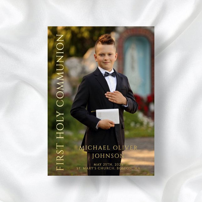 Modern Green Photo Boy First Communion Gold (Modern Green Photo Boy First Communion Gold Foil Invitation)