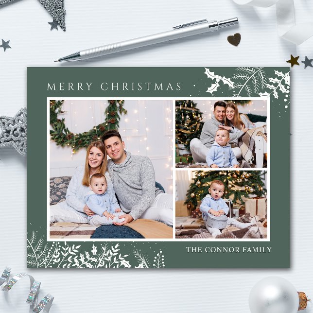 Modern Green Photo Collage Merry Christmas Postcard (Creator Uploaded)