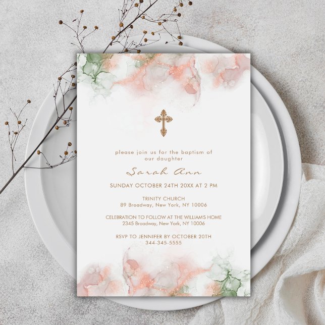 Modern Green Pink Boho Agate Gold Cross Baptism  Invitation (Modern Green Pink Boho Agate Gold Cross Baptism Invitation)