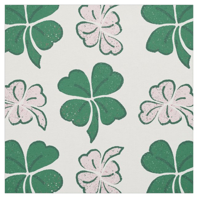 Modern Green Pink Clover Shamrock Drawing Pattern Fabric (Swatch)