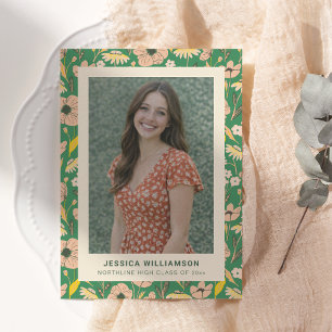 Modern Green Pink Floral Photo Graduation Announcement