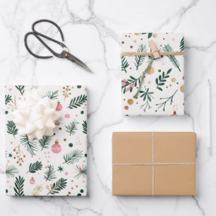 Modern Green Pink Gold Christmas Tree Branches  Wrapping Paper Sheet