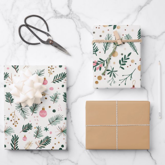 Modern Green Pink Gold Christmas Tree Branches  Wrapping Paper Sheet (Front)