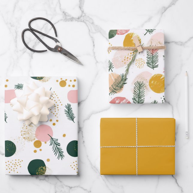 Modern Green Pink Gold Christmas Tree Branches  Wrapping Paper Sheet (Front)