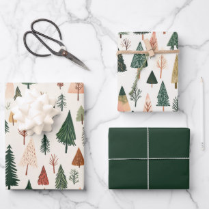 Modern Green Pink Gold Christmas Trees Wrapping Paper Sheet