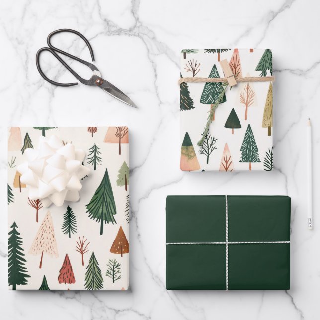 Modern Green Pink Gold Christmas Trees Wrapping Paper Sheet (Front)