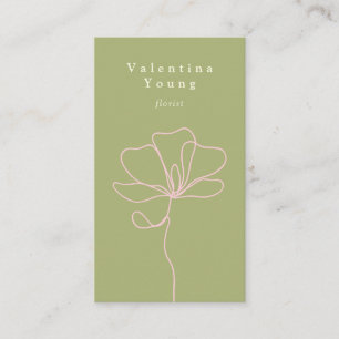 Modern green pink line art floral drawing elegant business card