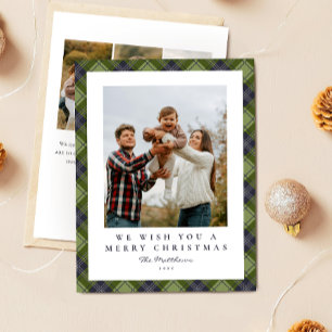 Modern Green Plaid Family Photo Christmas Holiday Card