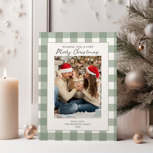 Modern Green Plaid Family Photo Merry Christmas Holiday Card (Creator Uploaded)