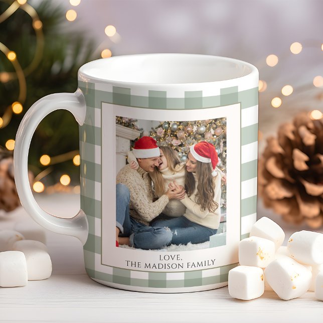 Modern Green Plaid Holiday Family Photo Christmas Coffee Mug (Creator Uploaded)