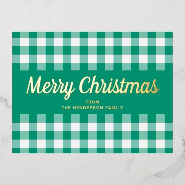 Modern Green Plaid Merry Christmas Gold Foil Holiday Postcard (Front)