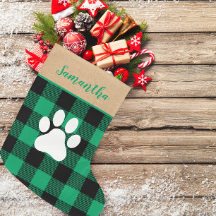Modern Green Plaid & Name Dog Paw  Large Christmas Stocking