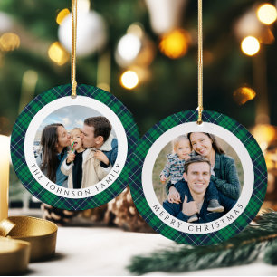 Modern Green Plaid Photo Christmas Ceramic Tree Decoration