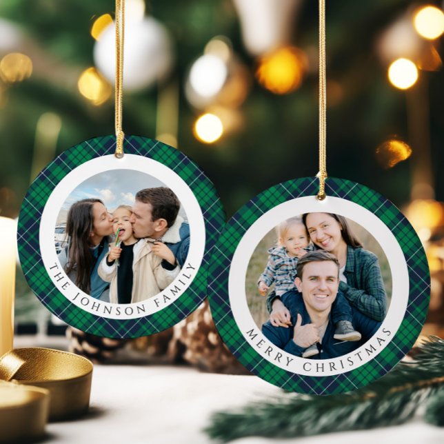 Modern Green Plaid Photo Christmas Ceramic Tree Decoration (Modern Green Plaid Photo Christmas Ceramic Ornament)