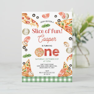 Modern Green Plaid Pizza Slice Of Fun 1st Birthday Invitation
