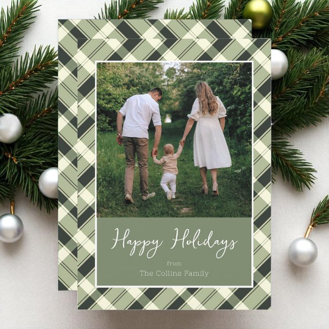 Modern Green Plaid Script Happy Holidays Photo Holiday Card (Modern Green Plaid Script Happy Holidays Photo Holiday Card)
