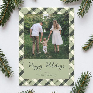 Modern Green Plaid Script Photo Happy Holidays Holiday Card