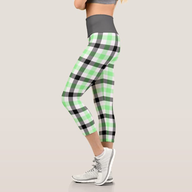 Modern Green Plaid Tartan Pattern Capri Leggings (Left)