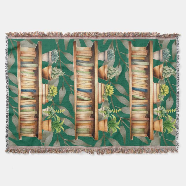 Modern Green Plant Shelf Reading Books Throw Blanket (Front)