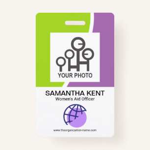 Modern Green Purple Waves Employee Photo Template ID Badge