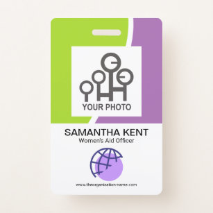 Modern Green Purple Waves Employee Photo Template ID Badge