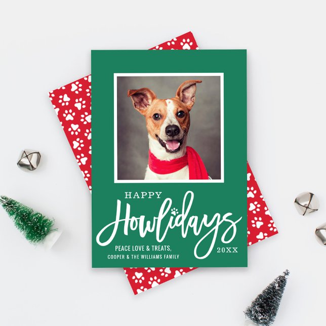 Modern Green Red Happy Howlidays Puppy Dog Photo Holiday Card (Creator Uploaded)