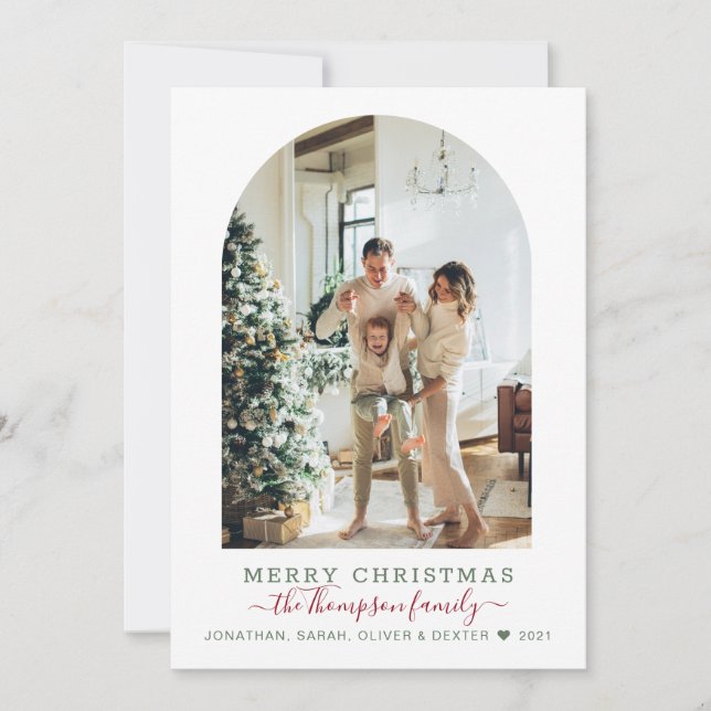 Modern Green Red Merry Christmas Arch Photo Holida Holiday Card (Front)