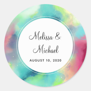 Modern Green & Red Space Nebula Watercolor Classic Round Sticker