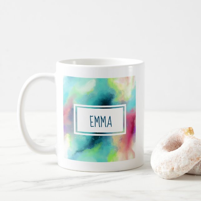 Modern Green & Red Space Nebula Watercolor Coffee Mug (With Donut)