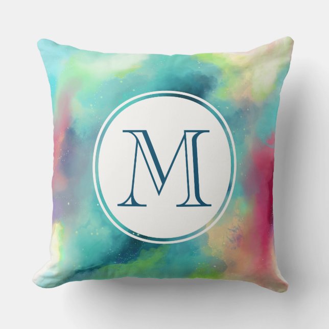 Modern Green & Red Space Nebula Watercolor Cushion (Front)