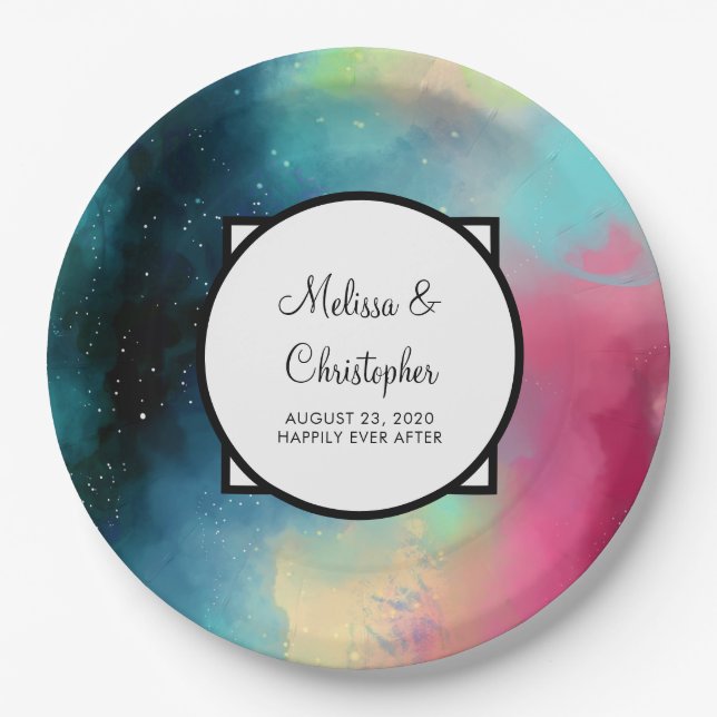 Modern Green & Red Space Nebula Watercolor Paper Plate (Front)