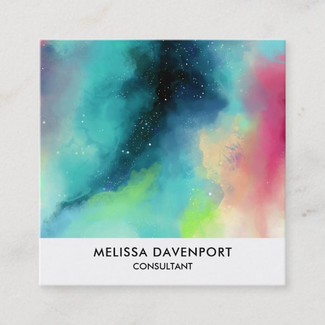 Modern Green & Red Space Nebula Watercolor Square Business Card (Front)