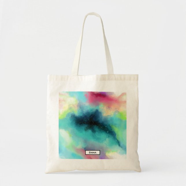 Modern Green & Red Space Nebula Watercolor Tote Bag (Front)
