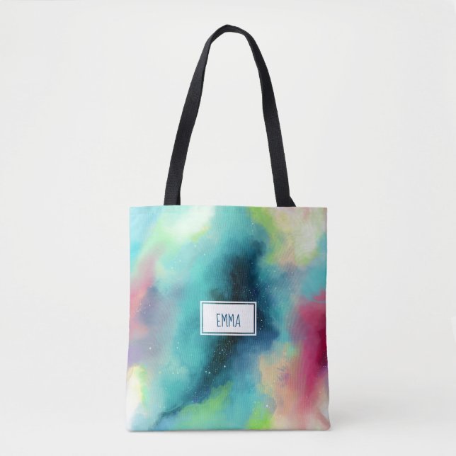 Modern Green & Red Space Nebula Watercolor Tote Bag (Front)