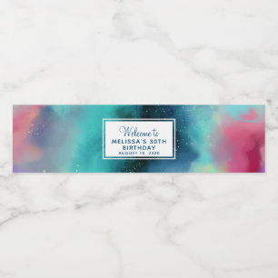 Modern Green & Red Space Nebula Watercolor Water Bottle Label