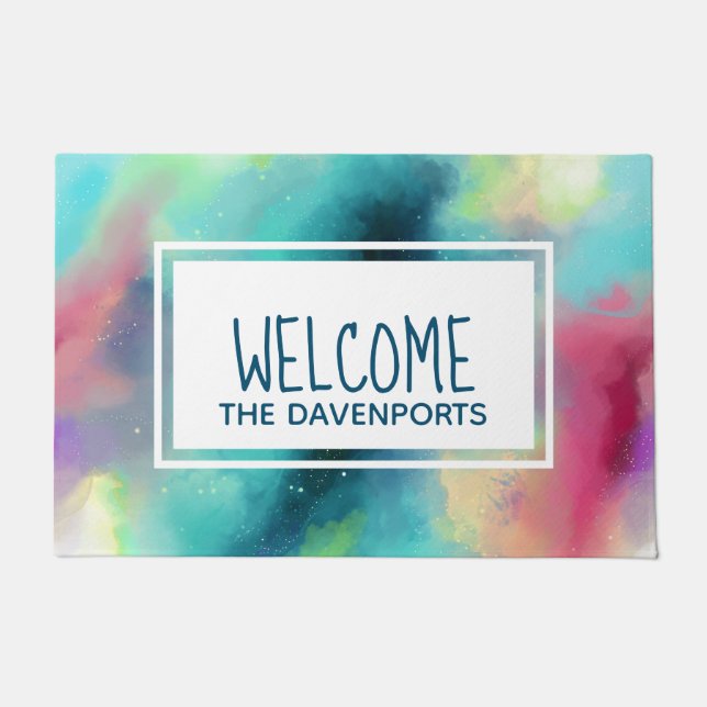 Modern Green & Red Space Nebula Watercolor Welcome Doormat (Front)