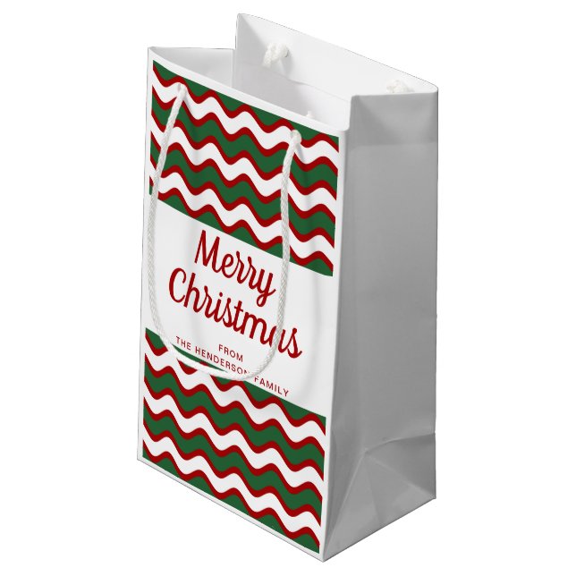 Modern Green Red Stripes Merry Christmas Small Gift Bag (Back Angled)