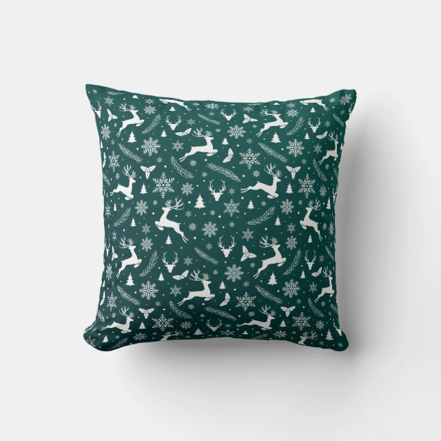 Modern Green Reindeer Pattern Merry Christmas Cushion (Front)