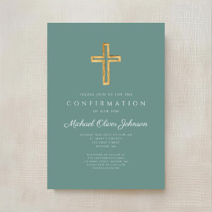 Modern Green Religious Cross Boy Confirmation Invitation