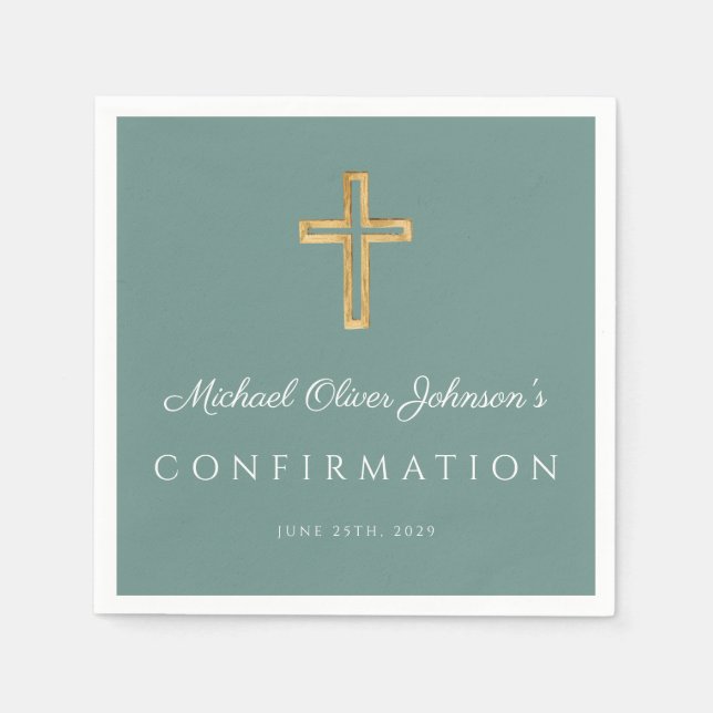 Modern Green Religious Cross Boy Confirmation Napkin (Front)