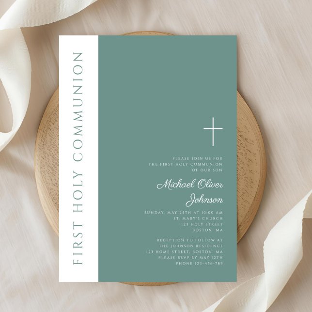 Modern Green Religious Cross Boy First Communion Invitation (Modern Green Religious Cross Boy First Communion Invitation)