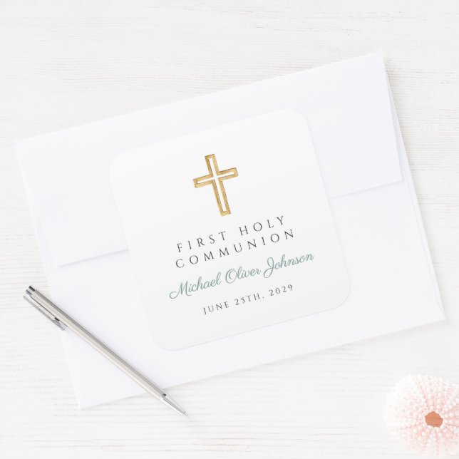 Modern Green Religious Cross Boy First Communion Square Sticker (Envelope)