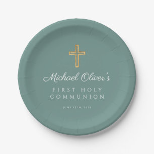 Modern Green Religious Cross First Communion Paper Plate
