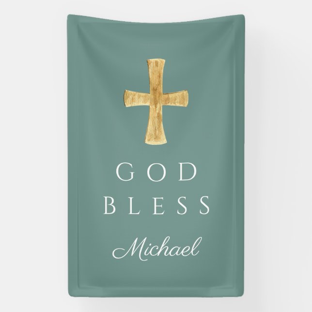 Modern Green Religious Cross God Bless Banner (Vertical)