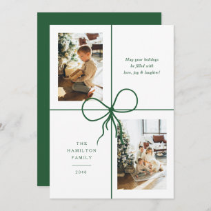 Modern Green Ribbon Bow Wrap 2 Photo Christmas Holiday Card