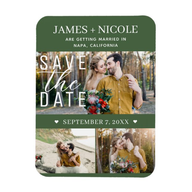 Modern Green Save the Date Wedding 3 Photos Magnet (Vertical)