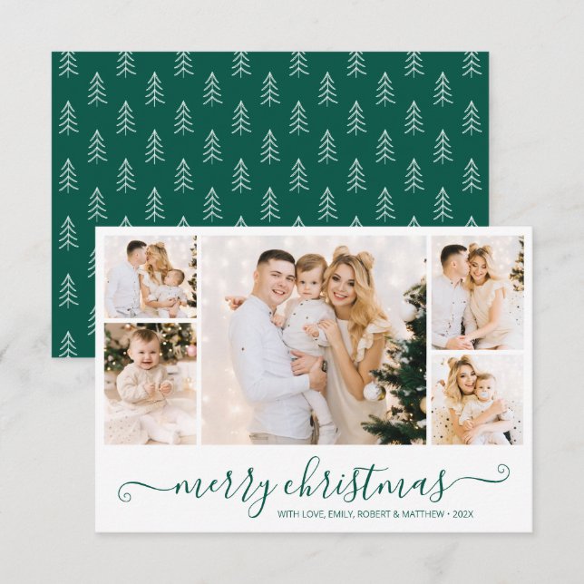 Modern Green Script 5 Photo Collage Christmas Card (Front/Back)
