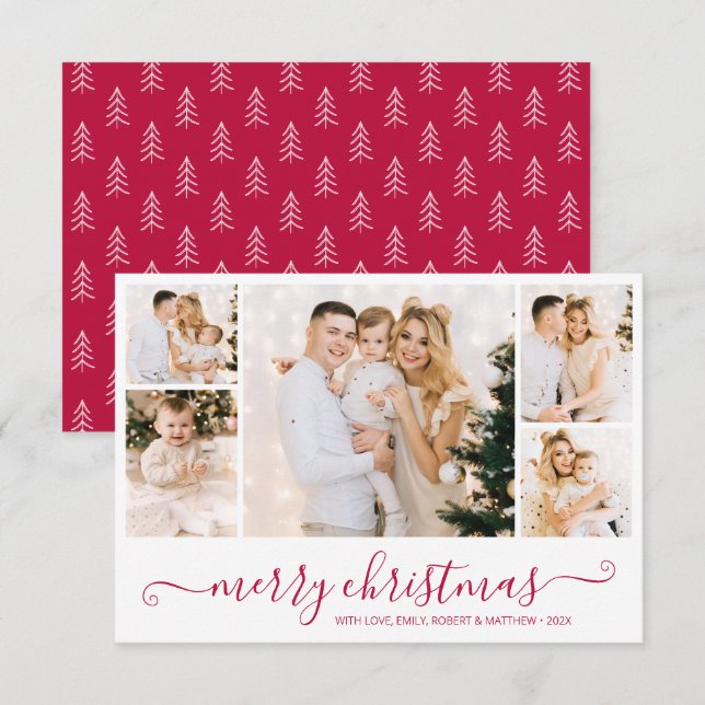Modern Green Script 5 Photo Collage Christmas Card (Front/Back)