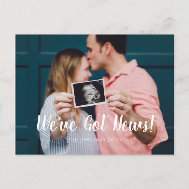 Modern Green Script Font We've Got News Pregnancy Announcement Postcard (Front)